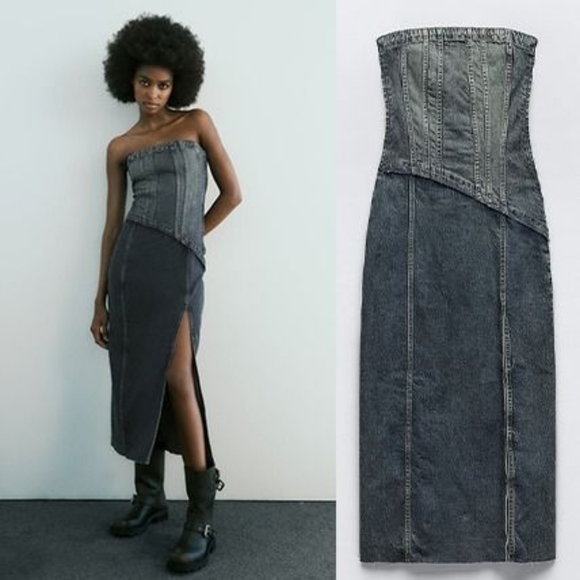 Zara  denim * strapless midi dress slit size XS - Picture 11 of 12